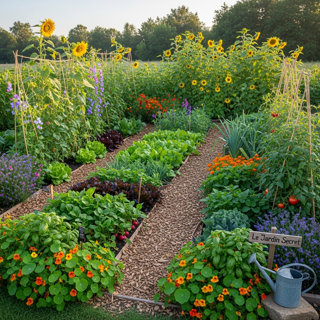 Jardin potager en permaculture avec légumes variés et fleurs